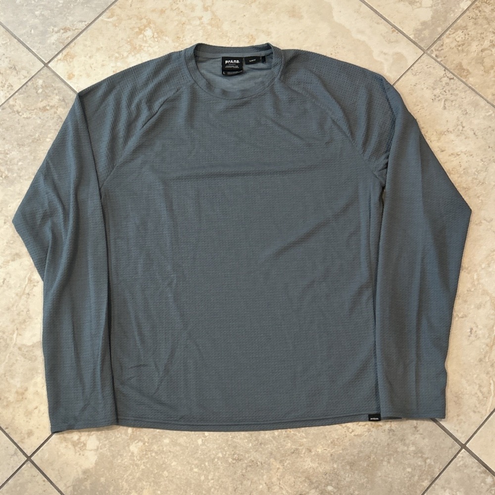 prAna Wensley Crew Top Mens Large Green Slim Fit Waffle Long Sleeve Sweatshirt
